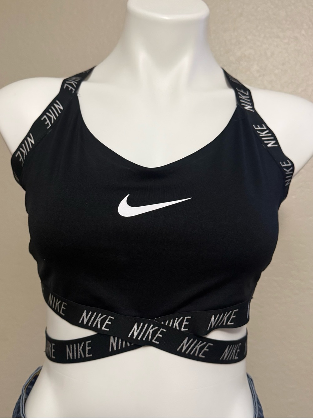 Nike Black Sports Bra with White Swoosh and Branded Straps